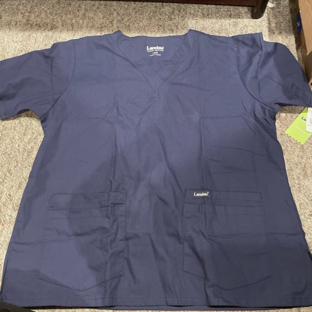 Landau Scrub Shirt, Cotton/Polyester, Short Sleeve, 4 Pockets, V-Neck, Navy Sz L